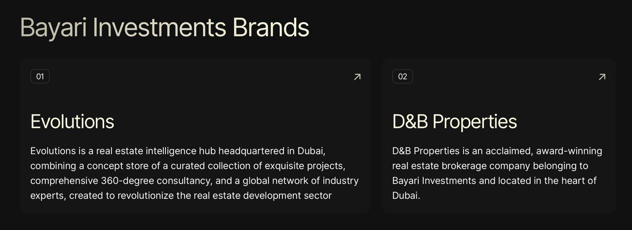Bayari Investments brands Evolutions and D&B Properties on the Husni Al Bayari website