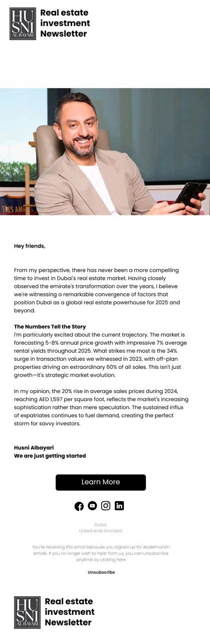 Husni Al Bayari real estate investment newsletter email template designed by A1 Program