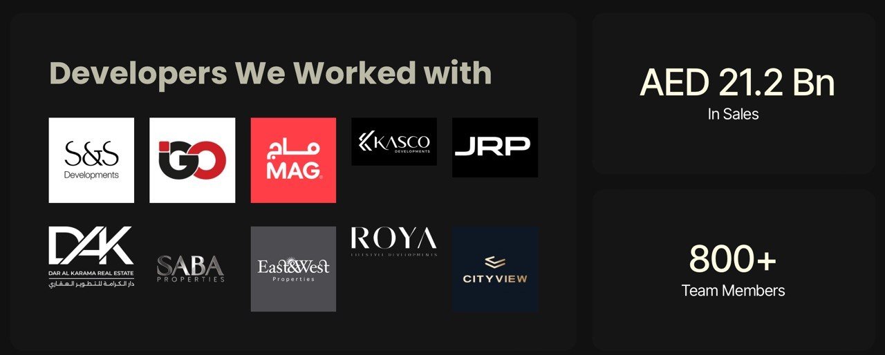 Developers and partners section on the Husni Al Bayari website showing AED 21.2 billion in sales