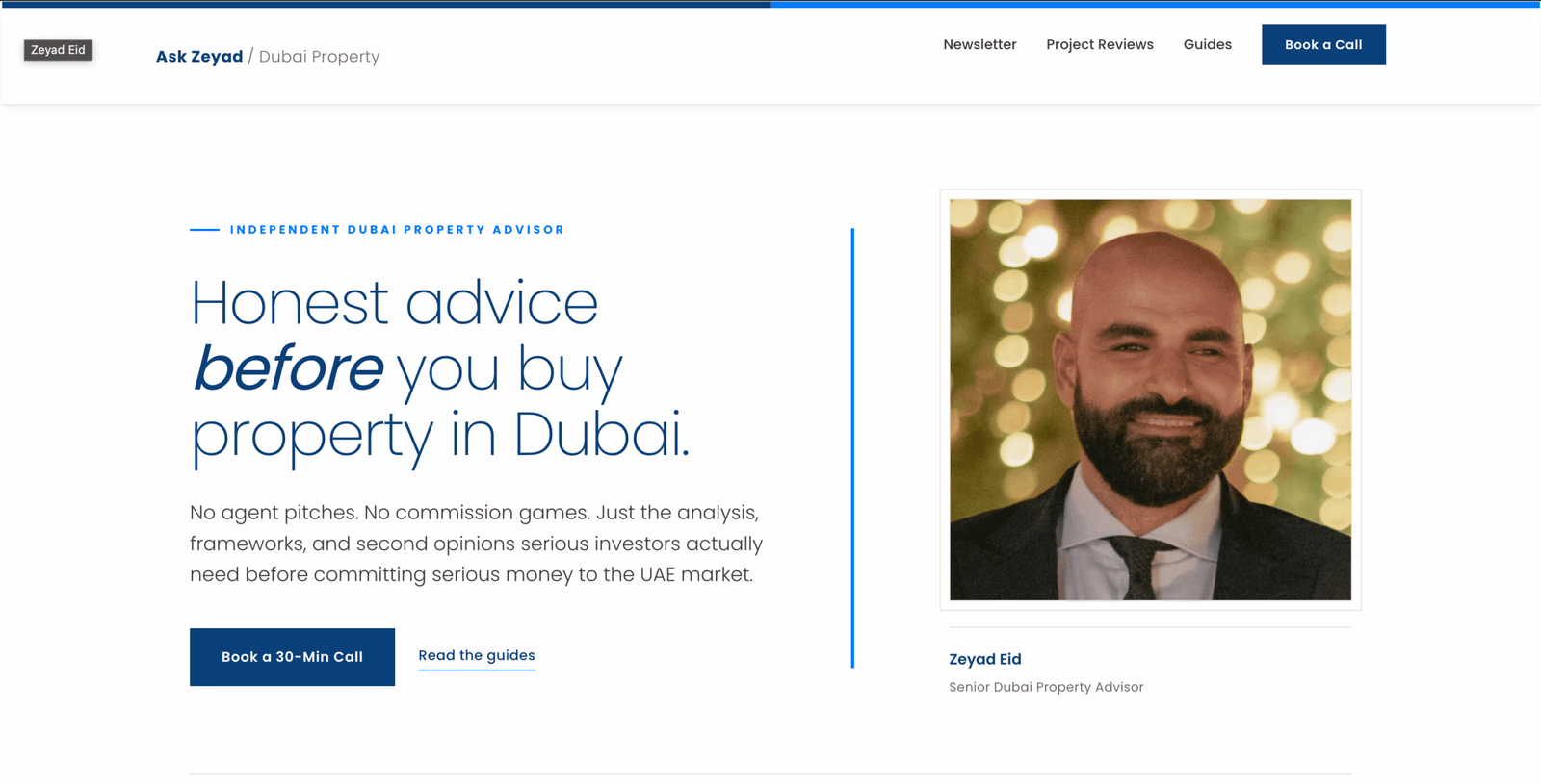 Zeyad Eid real estate website homepage built by A1 Program with honest advice positioning